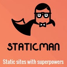 Staticman's logo by Erlen Masson (https://www.erlen.co.uk/), reproduced under a premise of fair use - a minimalist/negative space illustration of a Clark-Kent-y head and partial torso, but wearing a Superman-style cape, the cape tied with a bowtie. Below the text "Staticman", then "Static sites with superpowers"